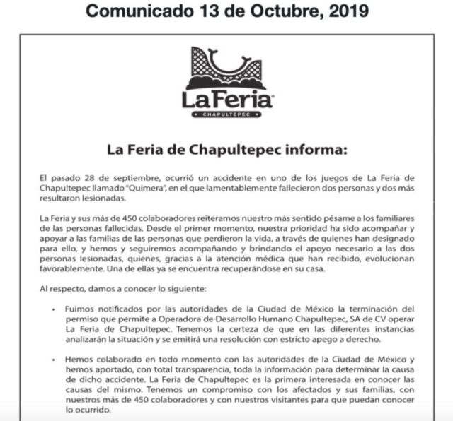 Comunicado de La Feria de Chapultepec