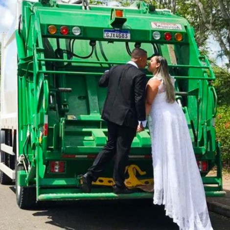 Novios hacen sesión de fotos de su boda en camión de basura
